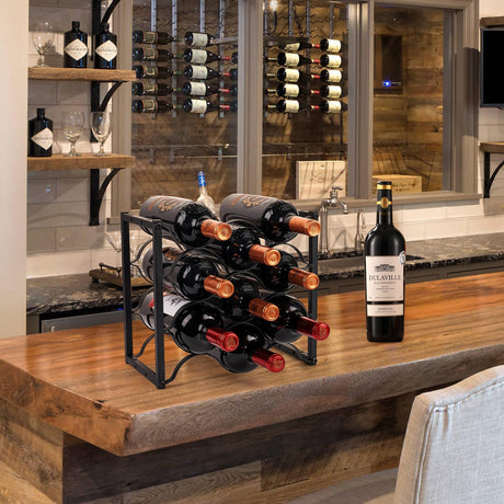 KAHLHAK Countertop Wine Rack - 9 Bottle Freestanding Modern Black Metal Wine Holder - 3 Tier Tabletop Wine Stand for Cabinet, Pantry, Bar - Durable & Space-Saving Wine Storage Organizer (2) KAHLHAK