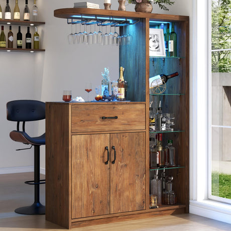 Gyfimoie Bar Cabinet with LED Light,Wine Cabinet with Wine Glass Holder,Liquor Cabinet with Glass Display Cabinet,Coffee Bar with Storage and 2 Drawers,Bar Island for Home Dining Room (Vintage Brown) Gyfimoie