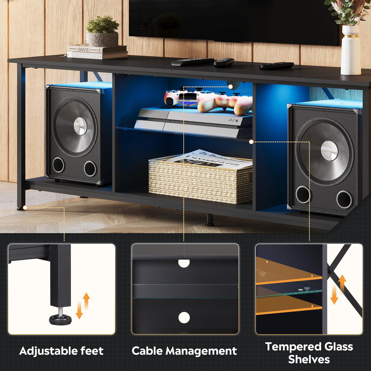 WLIVE TV Stand up to 65 Inch TV, 55" Entertainment Center with LED, Industrial TV Console with Glass Shelf for Living Room and Bedroom, Black WLIVE