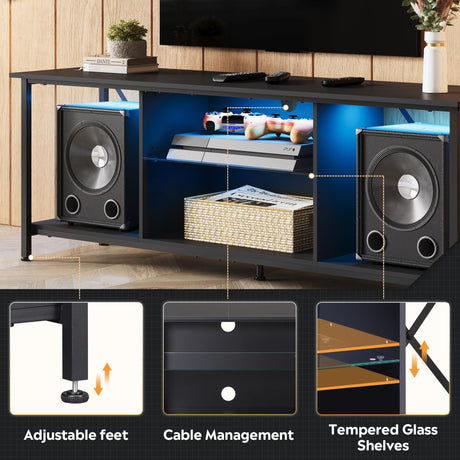 WLIVE TV Stand up to 65 Inch TV, 55" Entertainment Center with LED, Industrial TV Console with Glass Shelf for Living Room and Bedroom, Black WLIVE