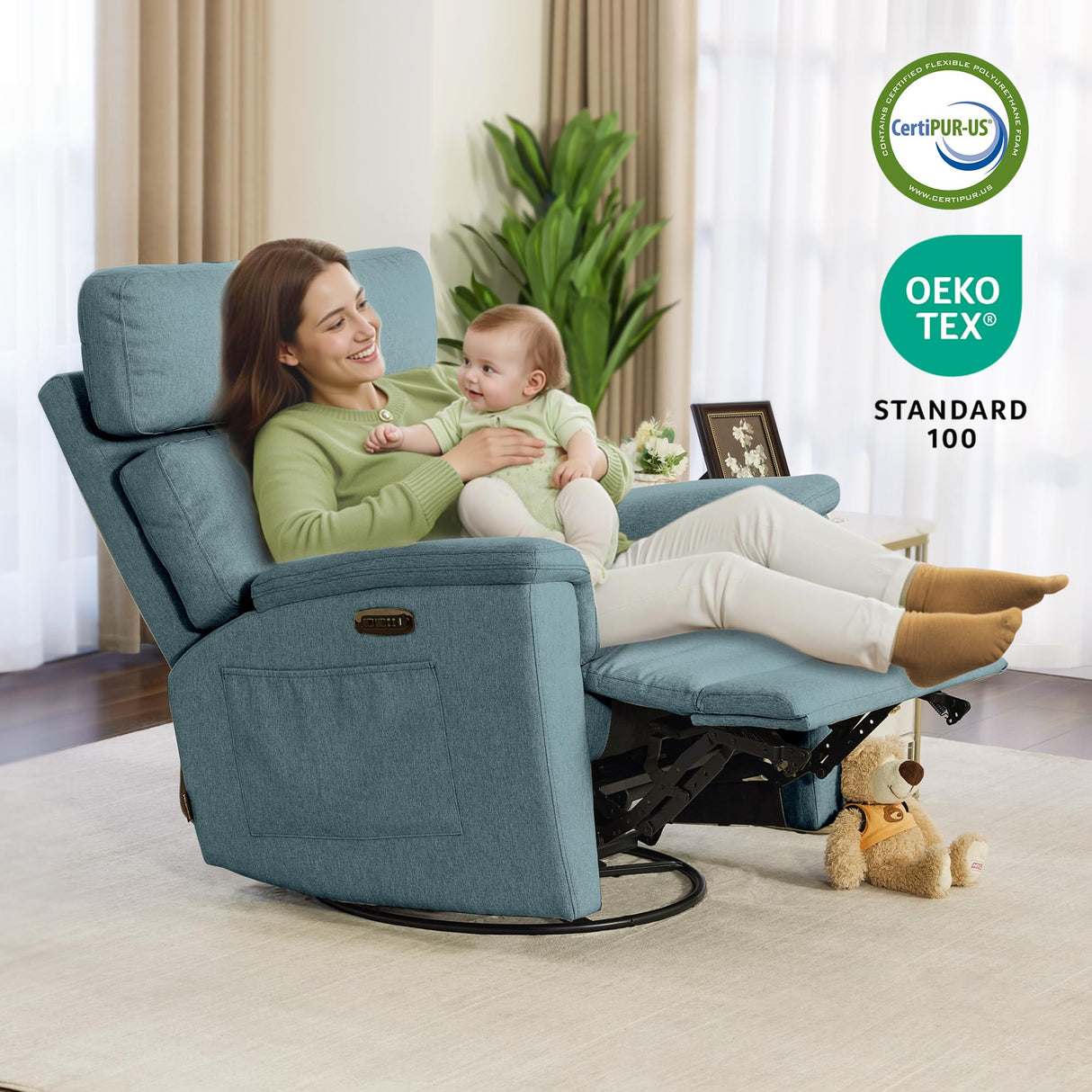 MCombo Oversized Swivel Glider Rocker Recliner with Adjustable Headrest, Dual Motor Power Recliner for Nursery, Led Nightlight, Fabric PR601 (Pacific Blue) MCombo