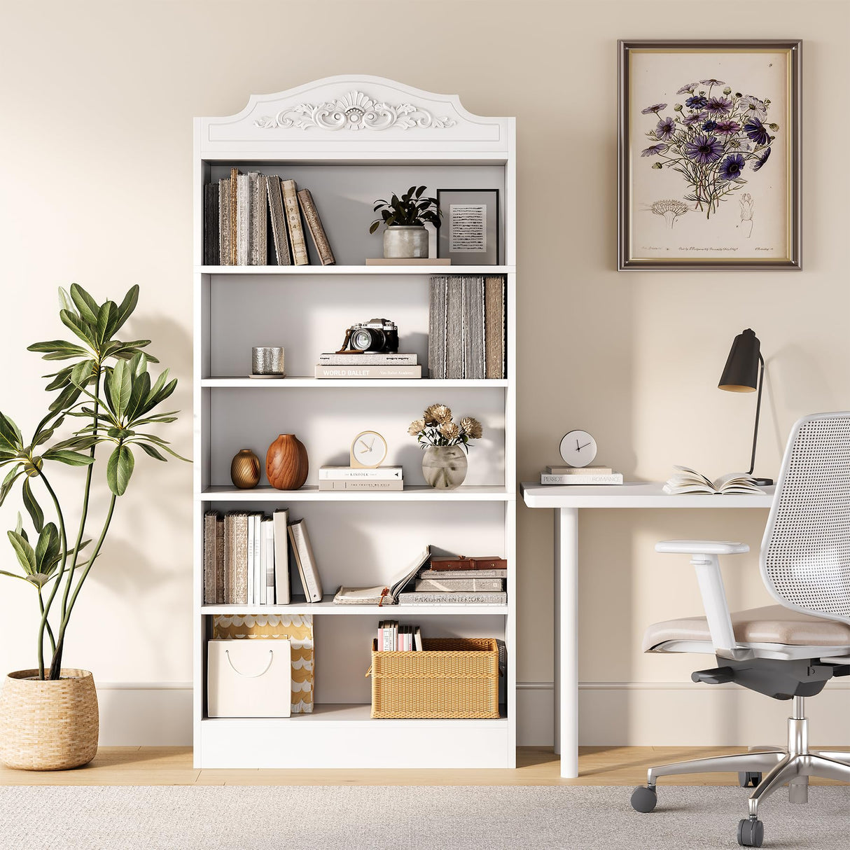 LITTLE TREE 73" Modern 5-Tier Bookcase, White Storage Shelf for Living Room, Bedroom, Home Office LITTLE TREE