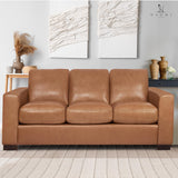 Naomi Home Freya Genuine Leather Sofa - Luxurious Comfort, Goose Feather Cushion Filling, Square Arm Design, Sturdy Block Legs, Elegant Tan - Ideal for Living Room, Office, or Bedroom Naomi Home