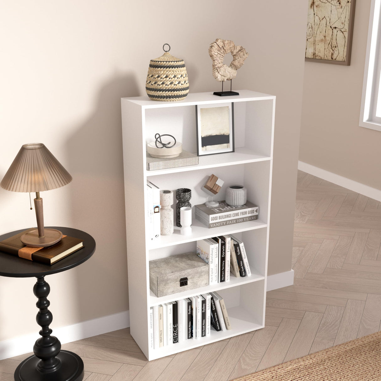 Wooden 4 Tier book shelf，4 Cube Storage Organizer, 44 Inch Versatile Cubes Shelf and Cubby Unit for Any Space (White, 4 Cube-W(23.6inch) NewBeth