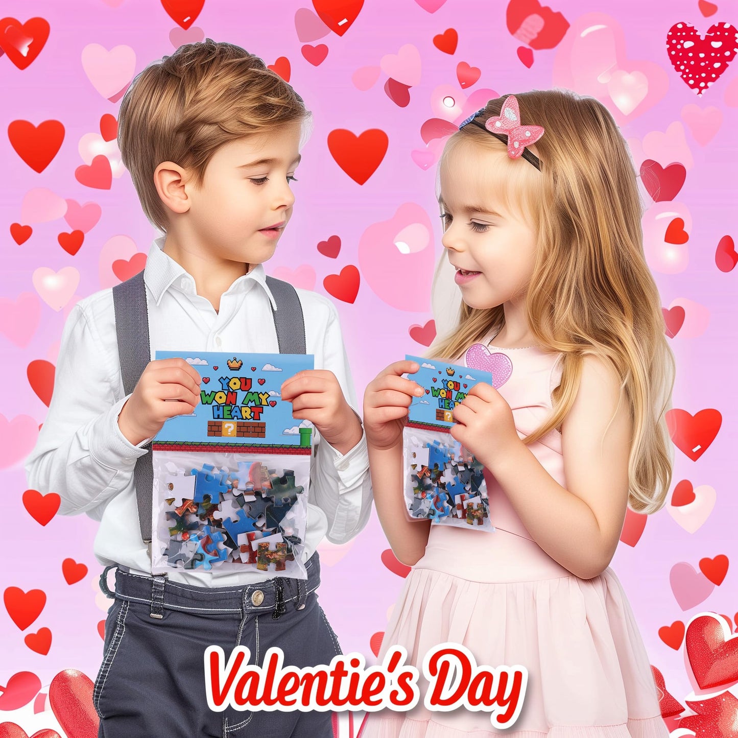 Valentines Day Gifts for Kids，24 PCS Jigsaw Puzzle with Valentines Cards for Valentine Party Favor，Valentines School Classroom Exchange Prizes Toys for Toddler Boys Girls (Ma-Rio)