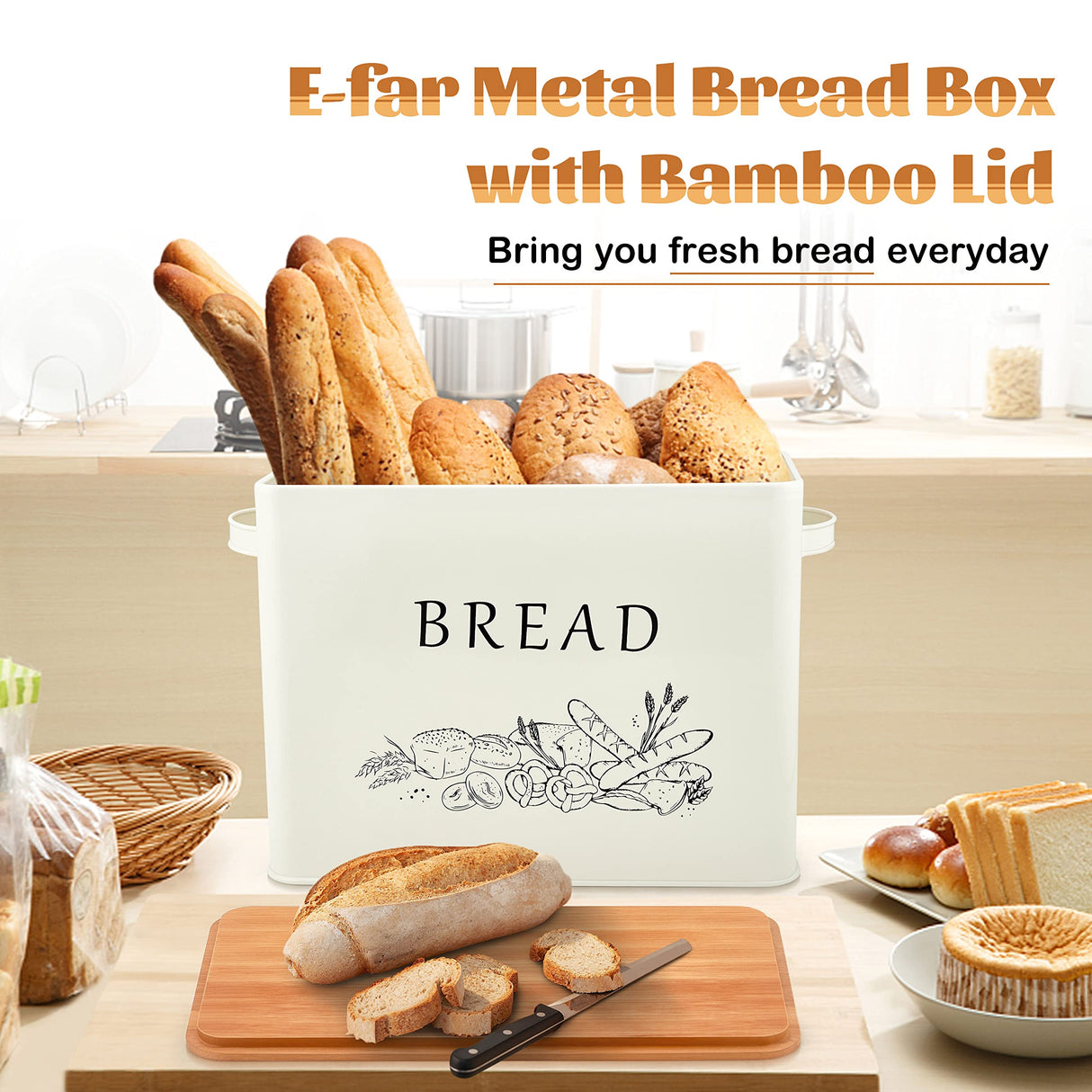 E-far Bread Box for Kitchen Countertop, Metal Bread Storage Container Bin with Bamboo Lid for Cutting Bread, Extra Large & Farmhouse Style, 13” x 7.2” x9.8”, Cream E-far