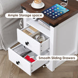 Airynee Nightstand with Charging Station, Farmhouse Nightstand with LED Lights, Modern Rustic Side Table with 2 Storage Drawers, Wooden End Table for Bedroom, Antique White Airynee