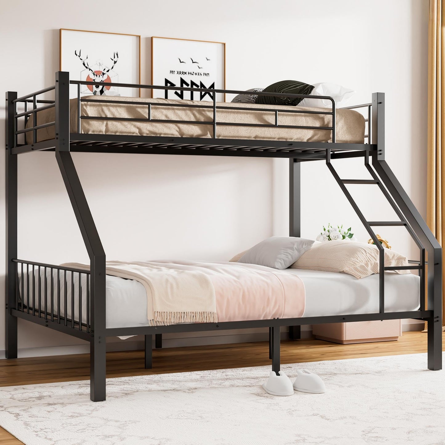 Miscoos Twin XL Over Queen Bunk Bed, Heavy Duty Bunk Bed with Safety Ladder and Full-Length Guardrails, Metal Queen Bed Frame with Slats Support for Adults, Teens, Kids, Black