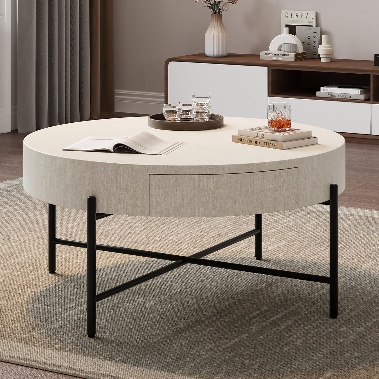 GarveeHome Round Coffee Table with Drawers Farmhouse Coffee Table with Storage Wood Accent Center Table Natural Coffee Table for Living Room GarveeHome