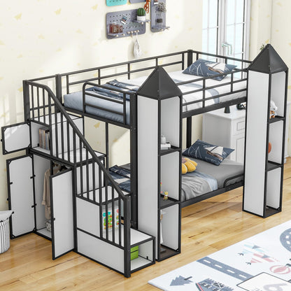 Harper & Bright Designs Twin Over Twin Metal Bunk Bed with Stairs and Storage Wardrobe, Castle-Shaped Bunk Bed Heavy-Duty Steel Frame, Noise Free,for Kids Teens Adults, Black+White