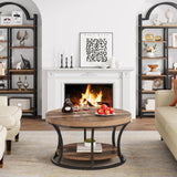 Condemo Round Coffee Table for Living Room, 2-Tier Circle Coffee Table with Storage, Accent Center Table Modern Design, Rustic Brown and Black Condemo