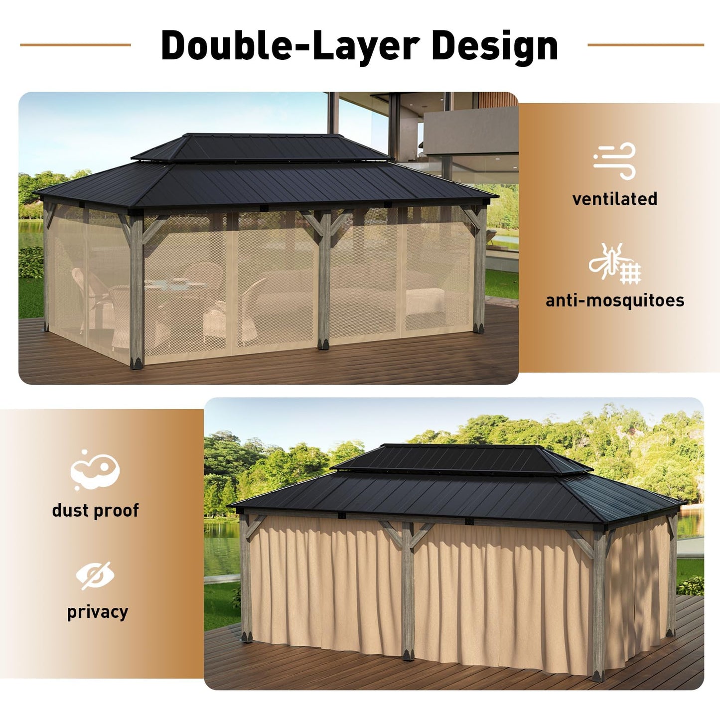 COSIEST 12' X 20' Cedar Wood Gazebo, Outdoor Wooden Gazebo with Double Metal Roof, Netting & Curtains, Hardtop Gazebo for Patio Garden Backyard Pavilion, Grey - WoodArtSupply