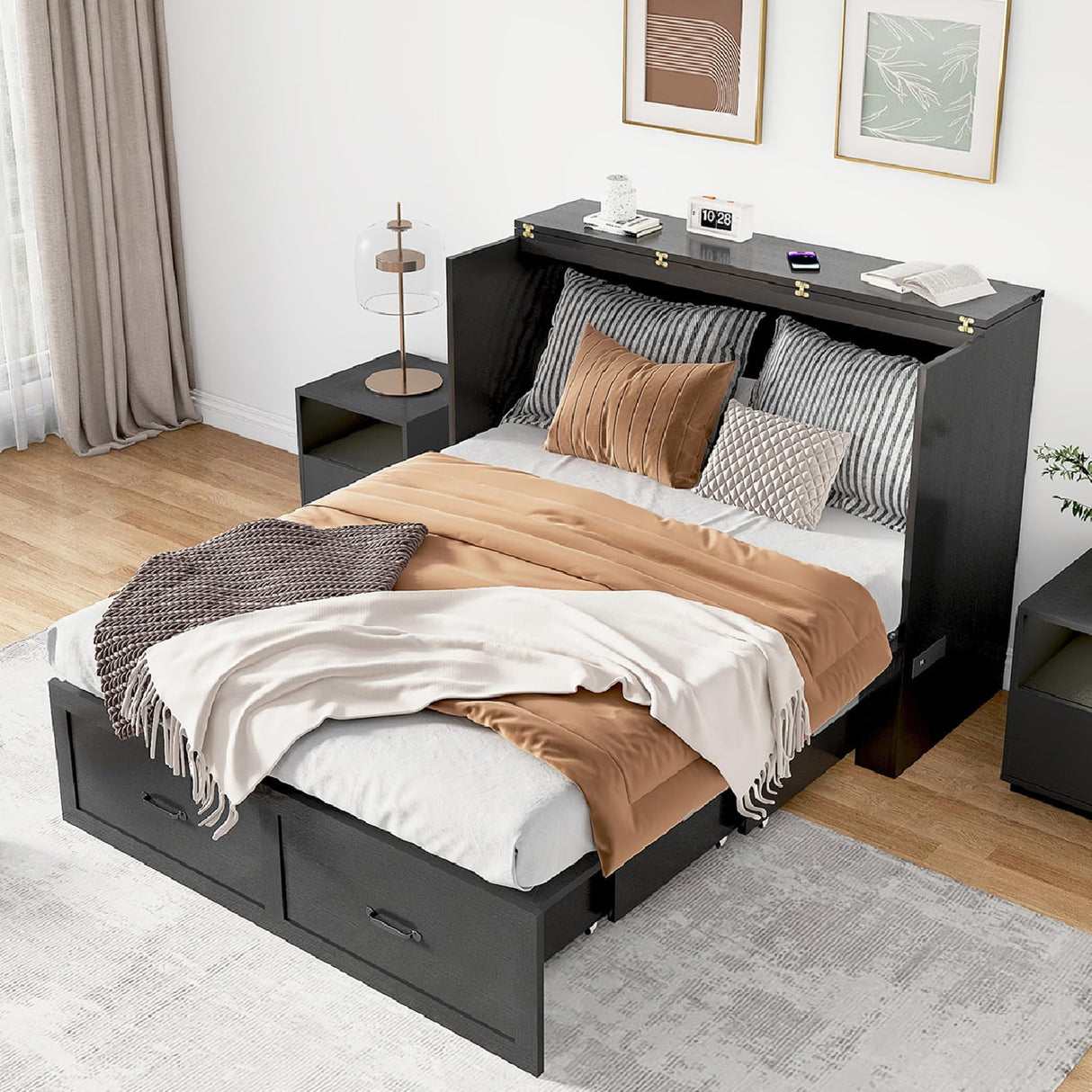 Hlivelood Queen Size Murphy Chest Bed with Drawer and Charging Station, Farmhouse Wood Space-Saving Hidden Folding Bed Chest, Multifunctional Storage Cabinet Beds for Bedroom, Office, Black Hlivelood