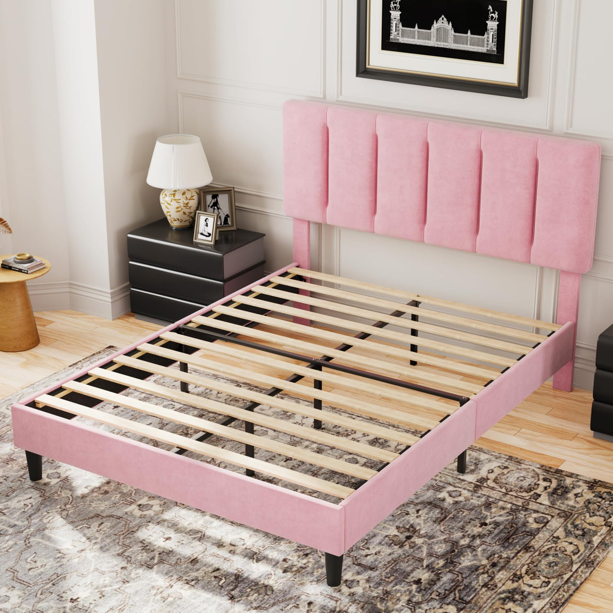 VECELO Full Bed Frame with Upholstered Headboard, Heavy-Duty Platform Bedframe with Strong Wooden Slats Support, No Boxing Spring Needed, Pink VECELO