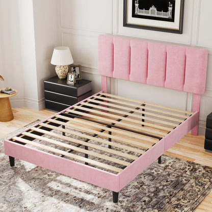 VECELO Full Bed Frame with Upholstered Headboard, Heavy-Duty Platform Bedframe with Strong Wooden Slats Support, No Boxing Spring Needed, Pink