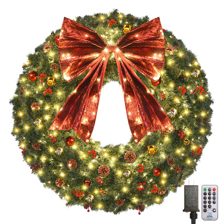 48inch Large Christmas Wreath - Outdoor Christmas Wreath with 300 Lights and Timer Remote Control, Red Bows, Jingle Bells, Pine Cones, Berry Clusters - 720 PVC Tips Artificial Pre Lit Xmas Wreaths Vuskly