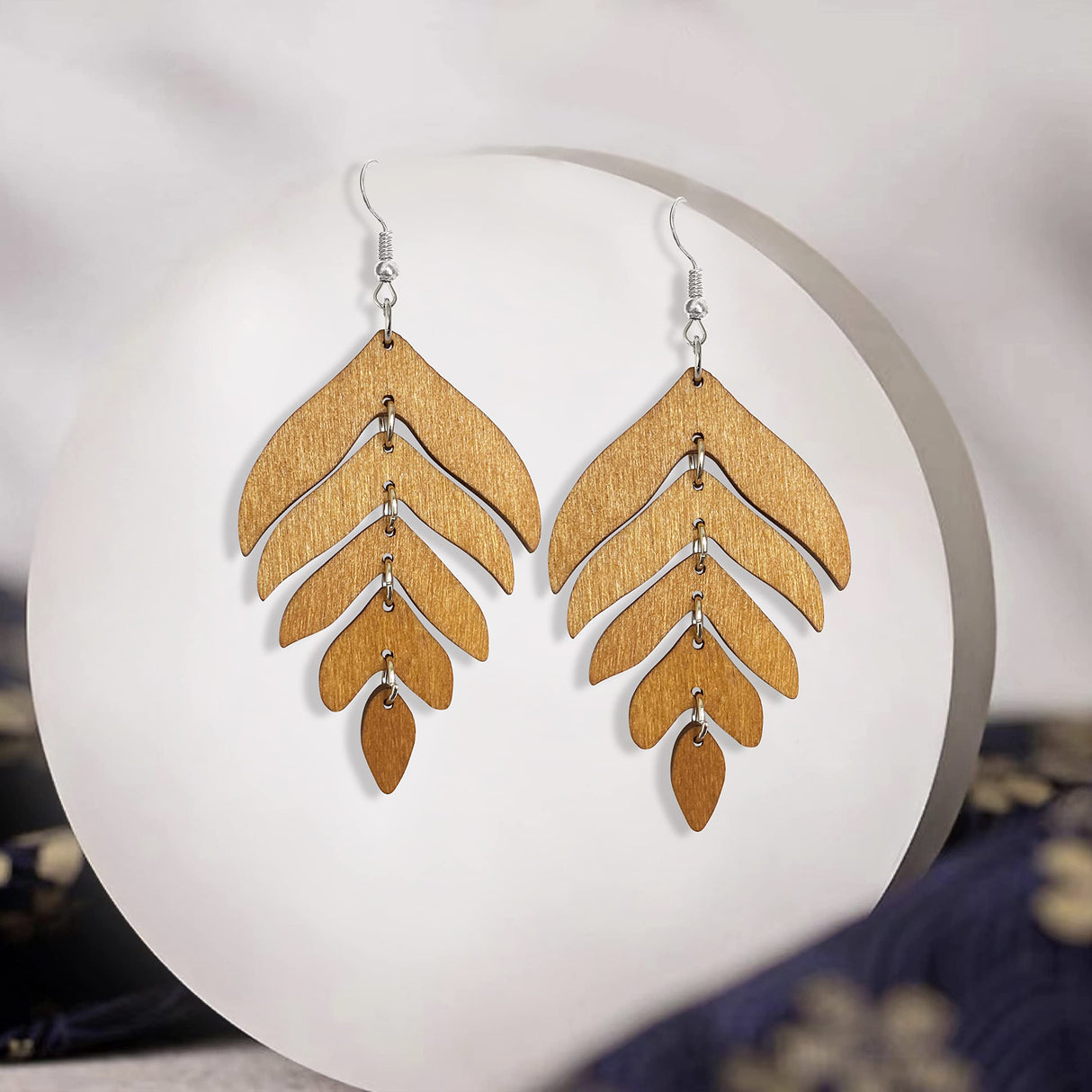 Handmade Lightweight Elegant Wooden Earring for Women - Statement Leaf Drop Dangle Earrings Bohemian Fashion Nature Wood Chain Leaf Earrings for Women Mom Sister Daughter Statement Jewelry Gifts (Dark Brown) NONQL