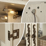 Curio Cabinet with Tempered Glass Doors, Lighted Display Cabinet with Mirrored Back Panel and Adjustable Shelves, Retro Floor Storage Cabinet Wooden Organizer Unit for Living Room, Antique White BAOMKONG