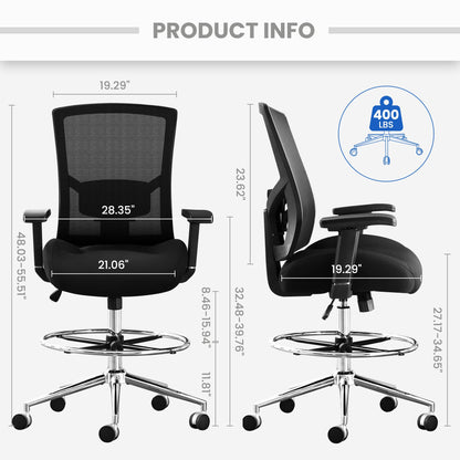 Big and Tall Drafting Chair 400 lbs, Extra Wide 21 inch Cushion, Ergonomic Standing Desk Chair Drafting Office Chair with Pressure Locking Casters, Adjustable Lumbar Support, 4D Arms - WoodArtSupply