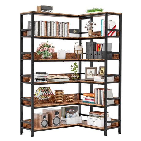 IRONCK Industrial Bookshelves 6 Tiers Corner Bookcases with Baffles Etagere Shelf Storage Rack with Metal Frame for Living Room Home Office IRONCK
