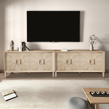 60 Inch Large Sideboard Buffet Cabinet with Storage, Sunburst 4 Door Wooden Accent Cabinet for Living Room Entryway, Mid Century Modern Console, Farmhouse Kitchen Table, Antique Natural Finish ZZKBTOPXY