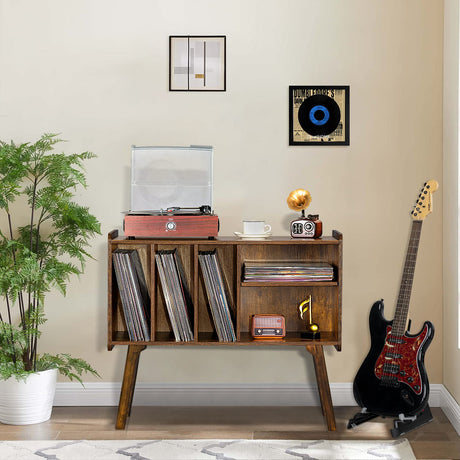 Lerliuo Record Player Stand with 4 Cabinet Holds Up to 220 Albums, Large Turntable Stand with Beech Wood Legs, Mid-Century Record Player Table,Brown Vinyl Holder Storage Shelf for Bedroom Living Room Lerliuo