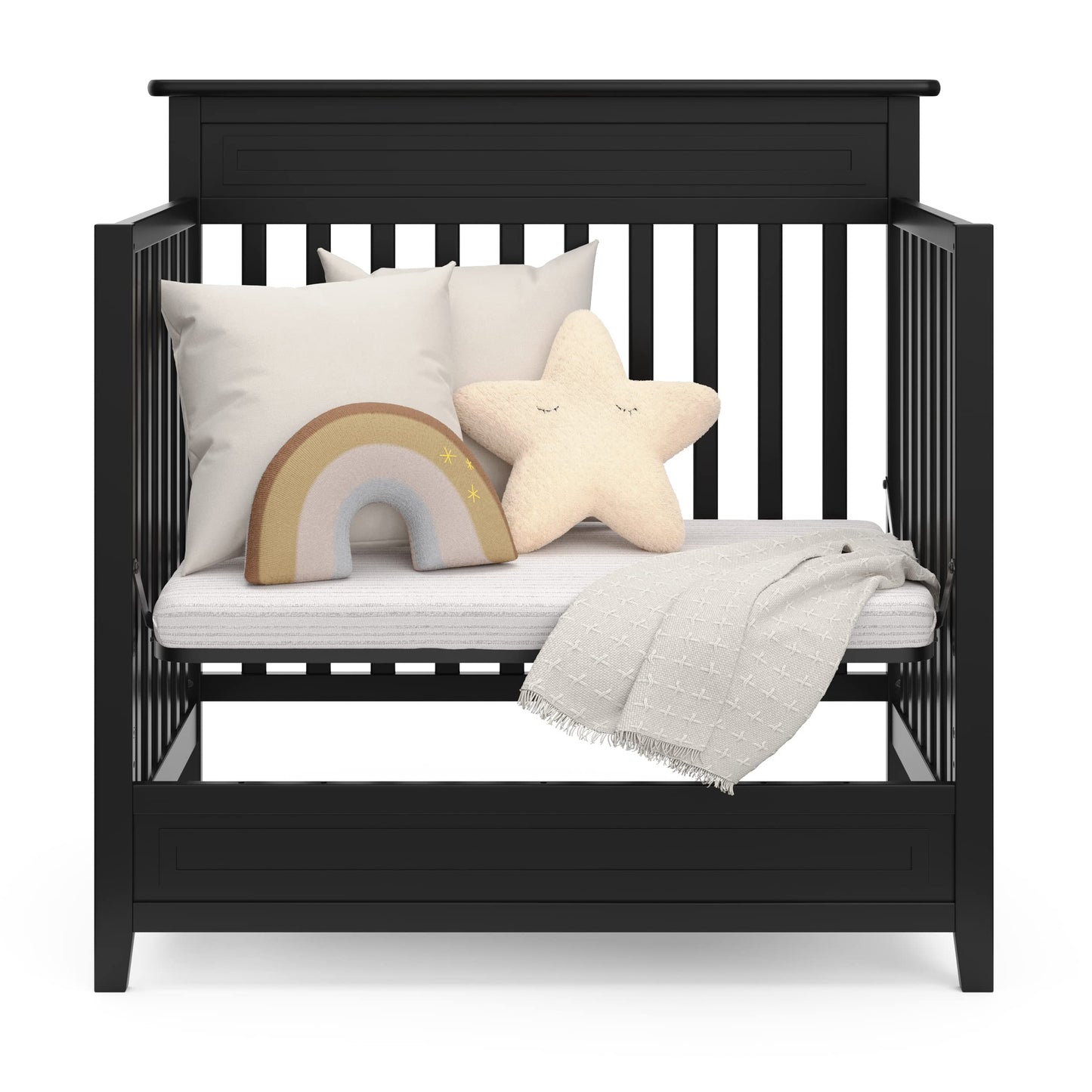 Storkcraft Petal 4-in-1 Convertible Mini Crib (Black) – GREENGUARD Gold Certified, Converts to Daybed and Twin-Size Bed, Includes Bonus 2.75-inch Mini Crib Mattress