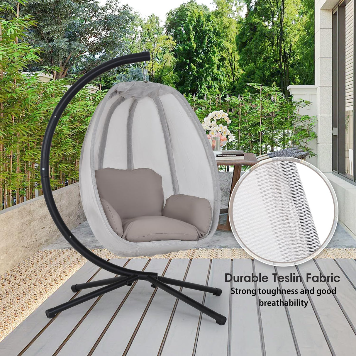PayLessHere Egg Chair with Comfy Cushions Indoor Outdoor Hanging Chair Sturdy Heavy Duty Hammock Chair with Stand Cushions Breathable Fabric Cover for Patio Bedroom Garden Poolside, Grey PayLessHere