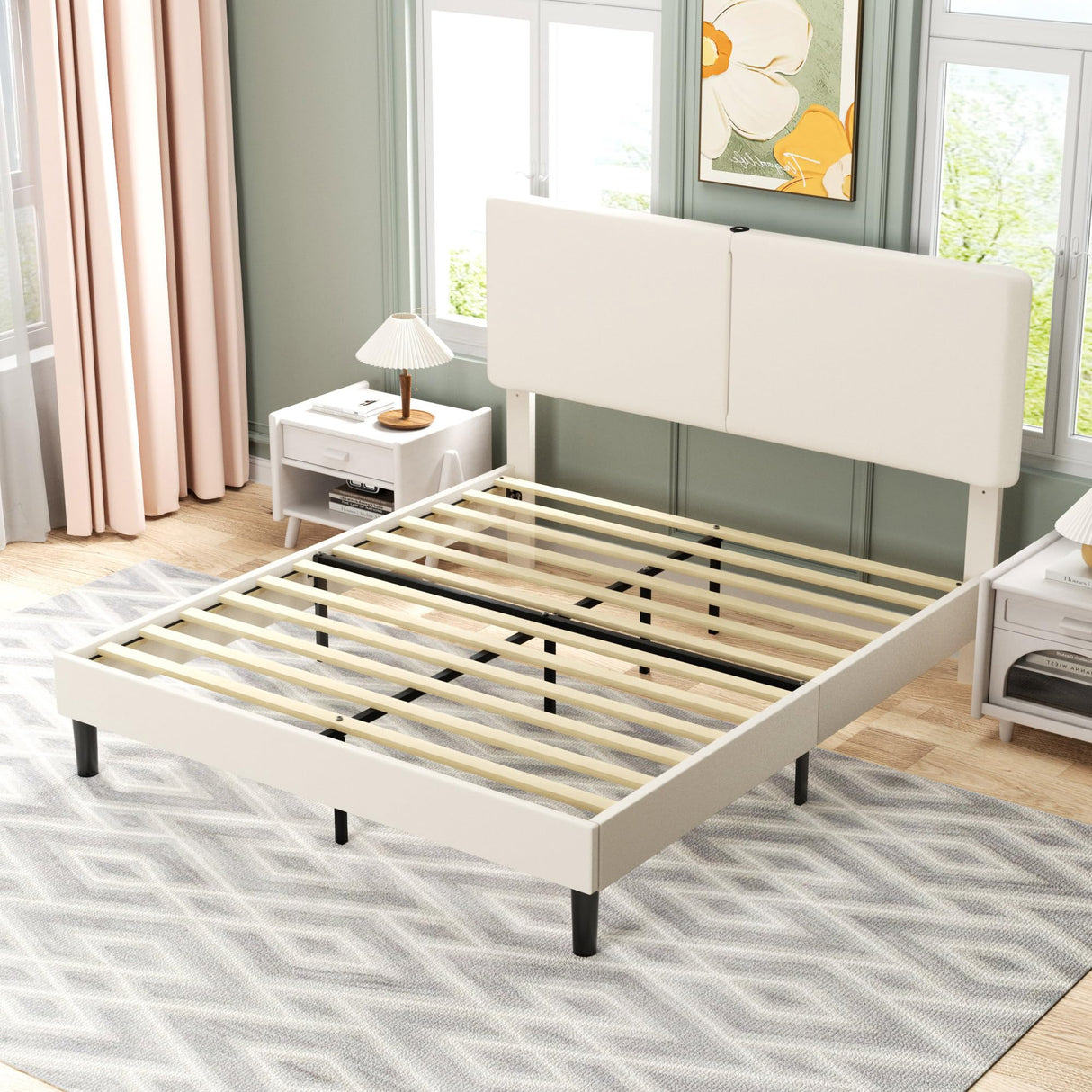 VECELO Queen Bed Frame with Type-C & USB Ports, Upholstered Platform Height-Adjustable Cotton and Linen Headboard, No Box Spring Needed, Noise-Free, Easy Assembly, Beige VECELO