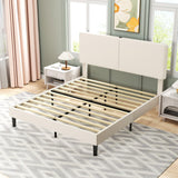 VECELO Queen Bed Frame with Type-C & USB Ports, Upholstered Platform Height-Adjustable Cotton and Linen Headboard, No Box Spring Needed, Noise-Free, Easy Assembly, Beige VECELO