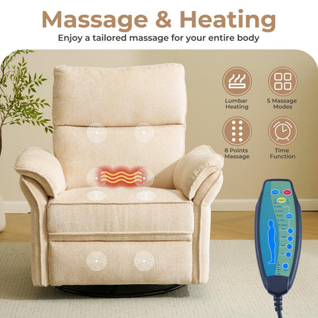 Oversized Power Recliner Chairs for Adults with Massage and Heat, Power Swivel Rocker Recliner Chair with Adjustable Headrest, 26" Extra Wide Rocker Nursery Recliner with USB Port, Beige RUTOX
