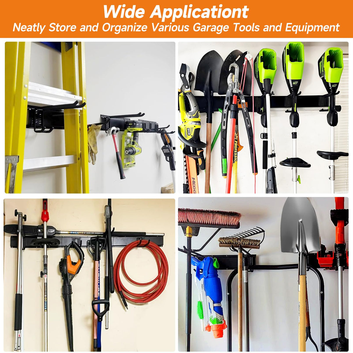 WEZAFO Garden Tool Organizer Wall Mount, Heavy Duty 48 Inches Garage Organization and Storage Racks for Yard Tools with 6 Hooks, Tool Hangers Holders for Hanging Folding Chair, Rake and Shovel WEZAFO