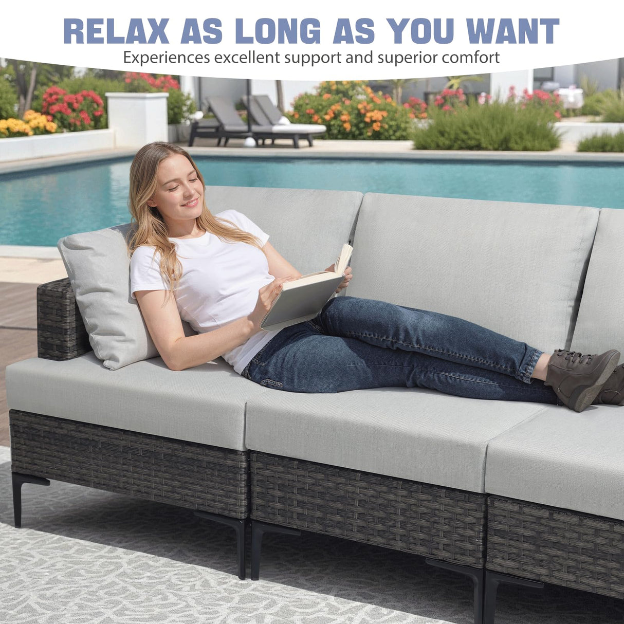 10 Pieces Patio Sectional Furniture Set with 44" Propane Fire Pit Table, 60000BTU Wicker Outdoor Sectional Coversation Set, Thick Cushion Deep Seat, Outdoor Furniture for Porch,Backyard,Deck (Grey) ABCASA