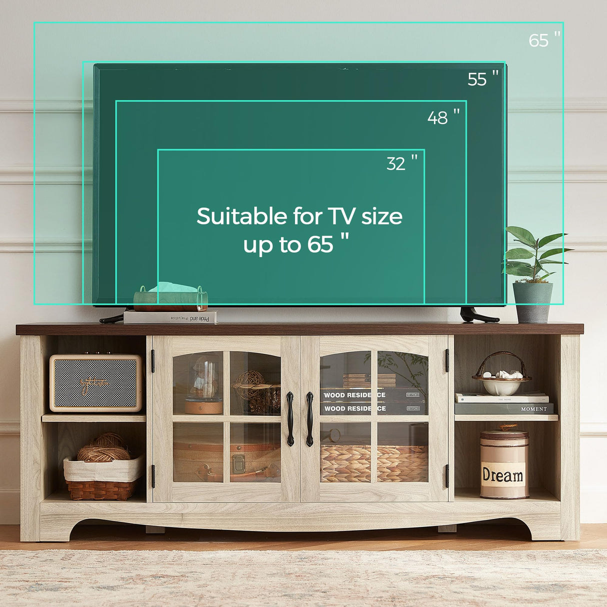 LINSY HOME Farmhouse TV Stand for 65 Inch TV, Wood Entertainment Center with Glass Door Storage Cabinet & Adjustable Shelves, Large Sturdy TV Console Table for Living Room Bedroom LINSY HOME