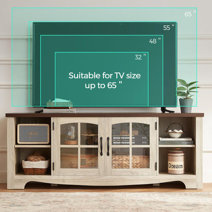 LINSY HOME Farmhouse TV Stand for 65 Inch TV, Wood Entertainment Center with Glass Door Storage Cabinet & Adjustable Shelves, Large Sturdy TV Console Table for Living Room Bedroom - WoodArtSupply