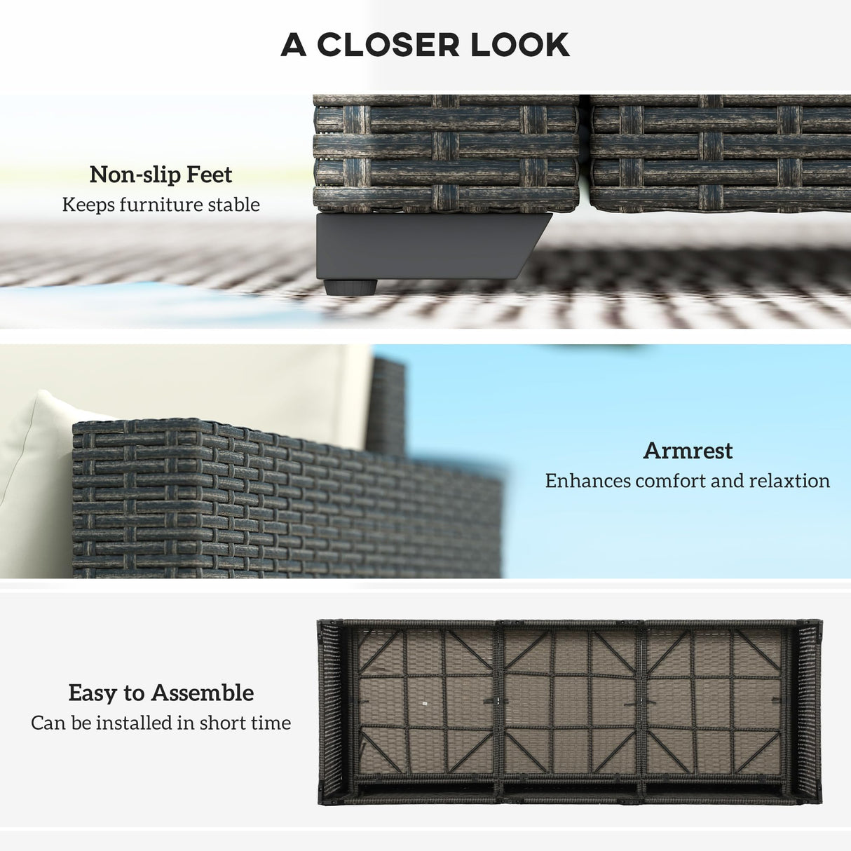 Outsunny Patio Couch PE Wicker Deep Seating Outdoor Sofa with Removable Cushions, 3 Seater Rattan Sofa, Outdoor Furniture for Balcony, Deck, Garden and Poolside, Cream White Outsunny