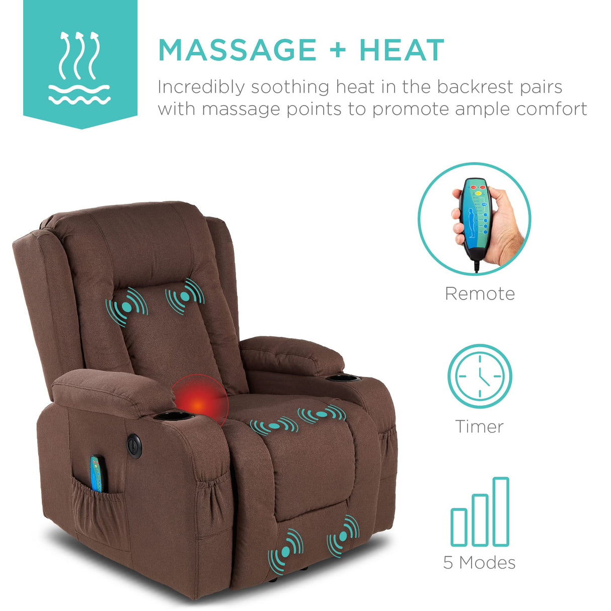 Best Choice Products Modern Linen Electric Power Lift Chair, Recliner Massage Chair, Adjustable Furniture for Back, Legs w/ 3 Positions, USB Port, Heat, Cupholders, Easy-to-Reach Button - Brown Best Choice Products
