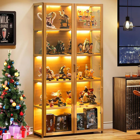 idhhco 5 Tier Curio Display Cabinet, Display Cabinet with Acrylic Glass Door, Collectibles Toy Organizers Rack & Display Shelf, Kids Bookcase for Bedroom, Reading Nook, Toddler's Room, Bamboo idhhco