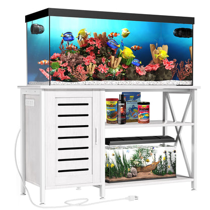 Herture 55-75 Gallon Fish Tank Stand, Aquarium Stand with Power Outlets and Cabinet for Fish Tank Accessories Storage, Heavy Duty Metal Frame, 52" L*19.68" W Tabletop, 1200LBS Capacity, White - WoodArtSupply