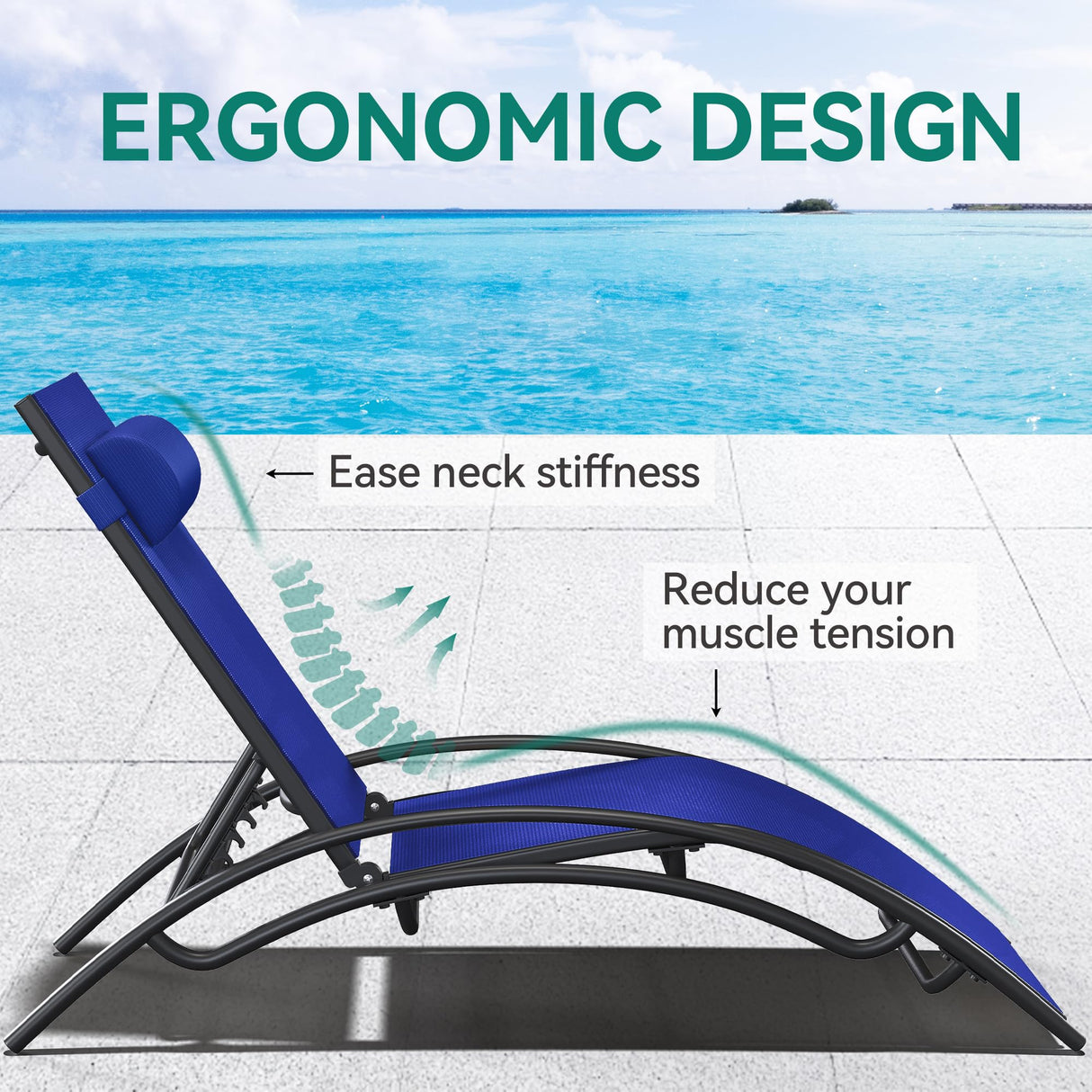 YITAHOME Outdoor Chaise Lounge Chair Set of 3, Pool Lounge Chairs with Side Table & 5-Position Adjustable Backrest, Sunbathing Recliner for Poolside, Backyard, Lawn, Deck - Navy YITAHOME