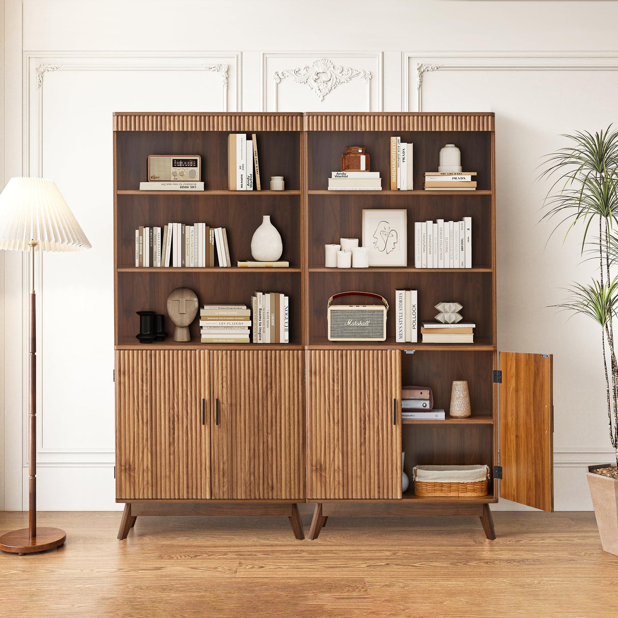 68" Fluted Tall Bookcase with Storage Cabinet,Mid-Century Modern 5-Tiers Arched Bookshelf Cabinet with Doors, Arched Bookcase with Open Display Storage Shelf for Home Office Bedroom Living Room,Walnut XUZENEST