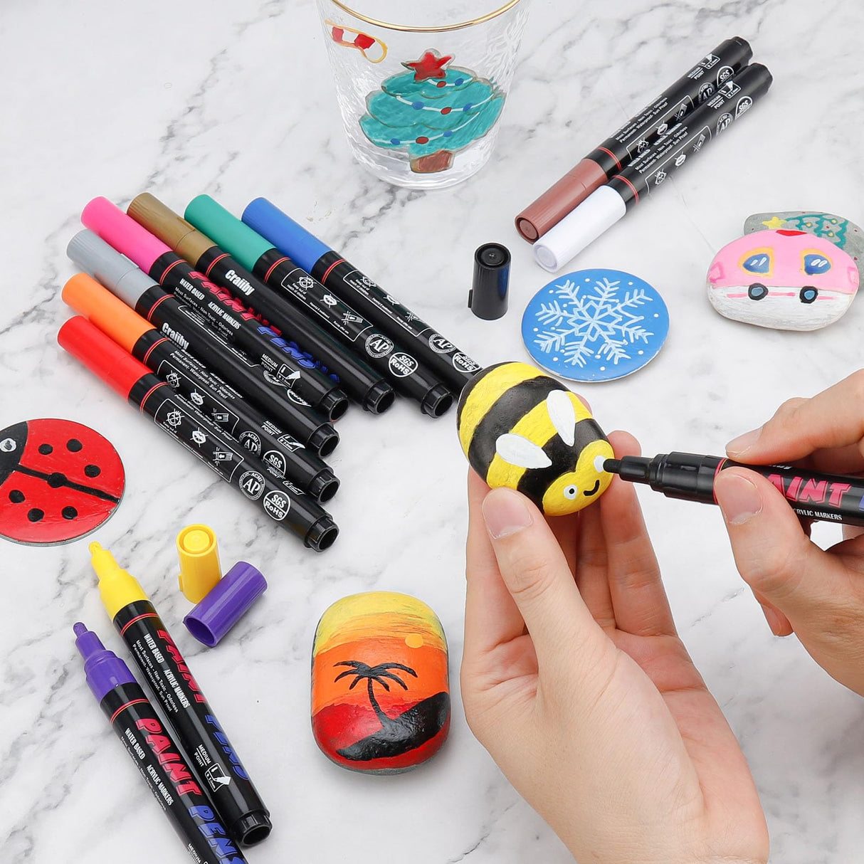 Craiiby White Paint Pens Paint Markers - 8 Pack Permanent Acrylic Quick Dry Waterproof Marker Pens for Rocks Wood Fabric Plastic Canvas Glass Mugs Metal Tire Stone Craiiby