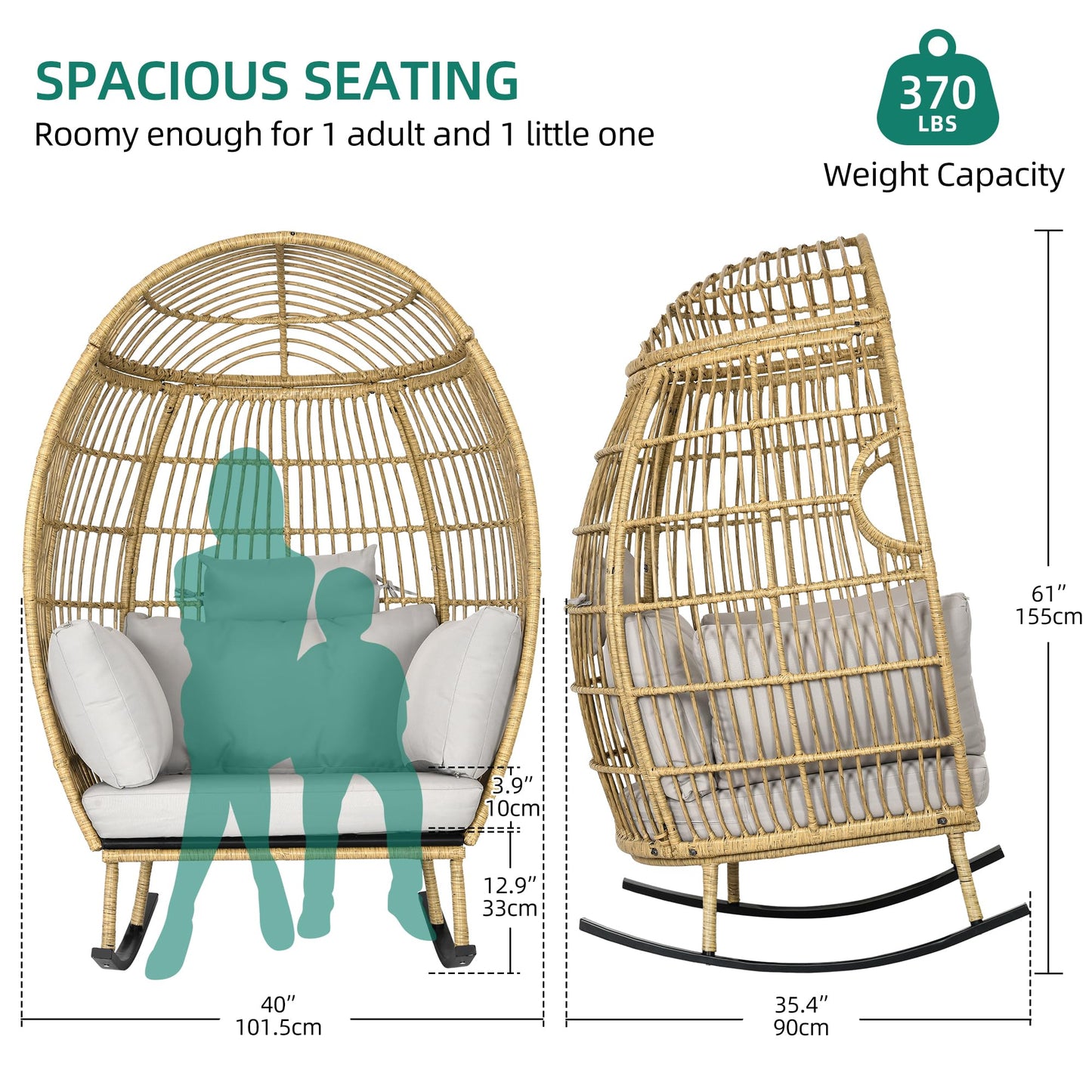 YITAHOME Wicker Egg Chair Outdoor, Patio Egg Chair, Rocking Egg Chair for Outside, Grey