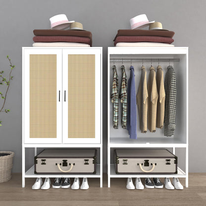 Gyger Wardrobe Closet with 2 Doors，Rattan Bedroom Armoires with Hanging Rod Freestanding Wooden Wardrobe Cabinet with Shelves,White - WoodArtSupply