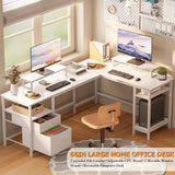 Furologee White 66" L Shaped Desk with Shelves, Reversible Corner Computer Desk with File Drawer & Dual Monitor Stand, Large Home Office Desk Writing Study Gaming Table Workstation Furologee