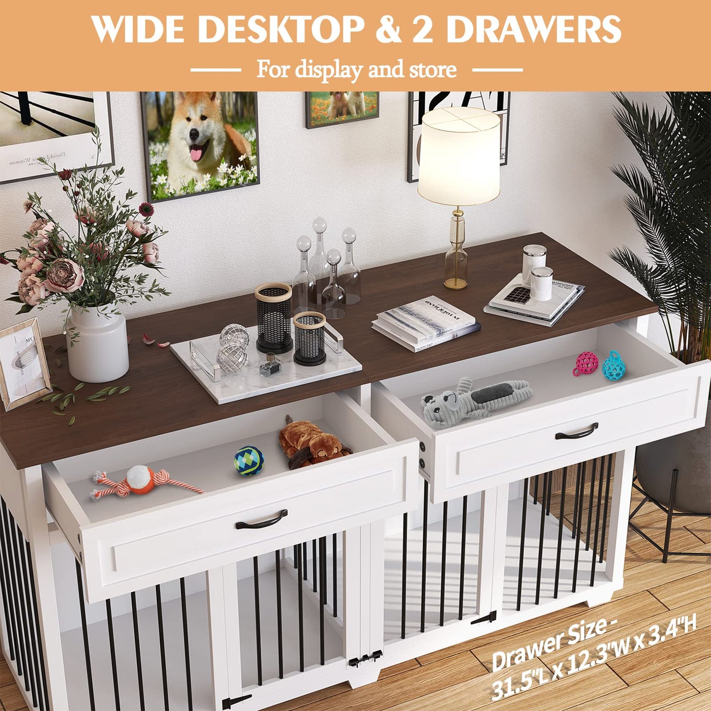 PIAOMTIEE Dog Crate Furniture, 72.4 Inch Wooden Dog Kennel, Modern Decorative Dog Crate End Table, Dog House with Double Doors, Drawers, Divider, Indoor Dog Cage for Large Medium Dogs, White - WoodArtSupply