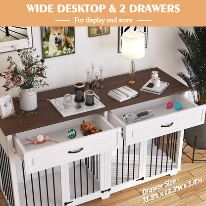 PIAOMTIEE Dog Crate Furniture, 72.4 Inch Wooden Dog Kennel, Modern Decorative Dog Crate End Table, Dog House with Double Doors, Drawers, Divider, Indoor Dog Cage for Large Medium Dogs, White - WoodArtSupply