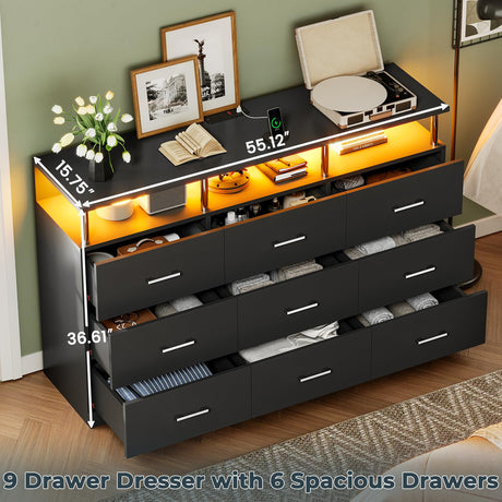 AOGLLATI Black Dresser for Bedroom with 9 Drawers, Dressers & Chests of Drawers with Column Design & Charging Station,Modern Bedroom Led Wide Long Dresser Storage Organizer for Living Room,Black AOGLLATI