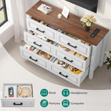 YITAHOME 6-Drawer Dresser with Built-in Power Outlet, Wood Dresser TV Stand with 6 Large Drawers & Bar Handles, Dresser Chest of Drawers for Entryway Living Room Hallway, White & Walnut YITAHOME