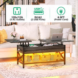 Besiost Coffee Table, Lift Top Coffee Table with Storage, LED Light & Power Outlet and Hidden Compartment, Retro Center Table for Living Room, X Support Wood Tabletop, Metal Frame, Black Oak Besiost